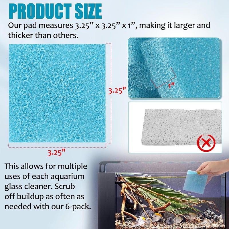 Aussio Aquarium Glass Cleaning Sponge 6-Pack (3.25 x 3.25 x 1 in), Non-Scratch Aquarium Cleaner for Fish & Turtle Tanks, Reusable Blue Cleaning Sponge - Blue - Image 2